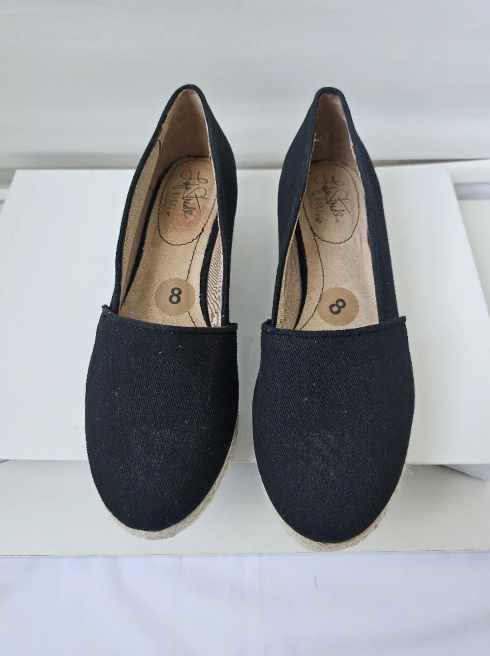 NWOT LifeStride Black Canvas Espadrille Platform Wedges - Size 8